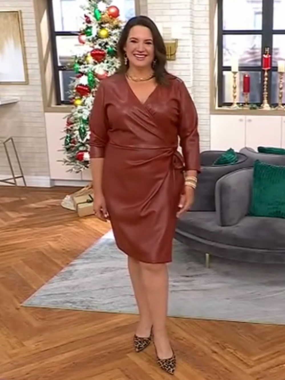 Susan Graver Faux Leather Mock Wrap Midi Dress in Rust Brown 3x